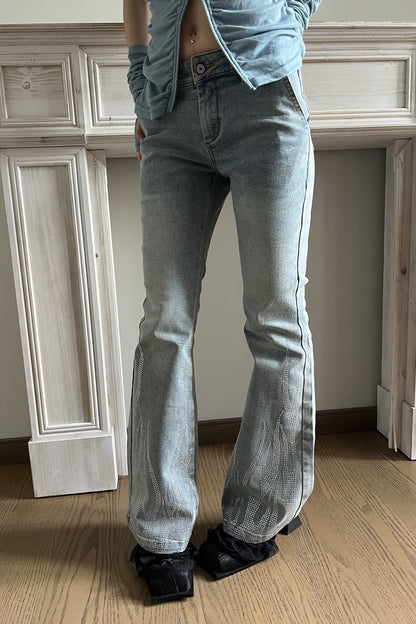 Low-Waisted Rhinestone Flared Jeans