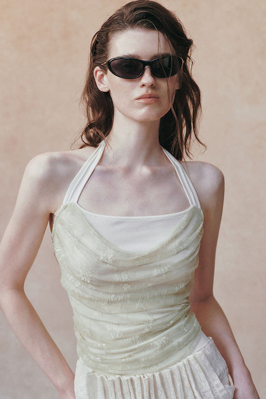 Top jacquard in pizzo drappeggiato a doppio strato senza spalline con scollo all'americana