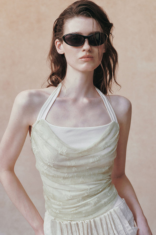 Double-Layer Strapless Draped Halter Lace Jacquard Top