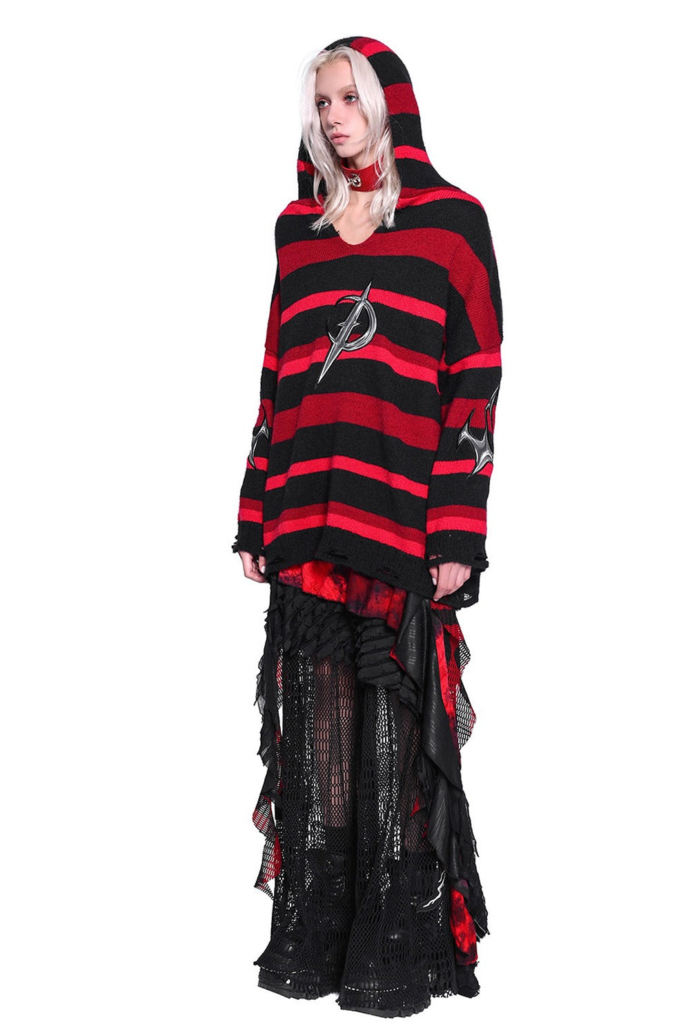 Red Black Striped Embroidered Hoodie