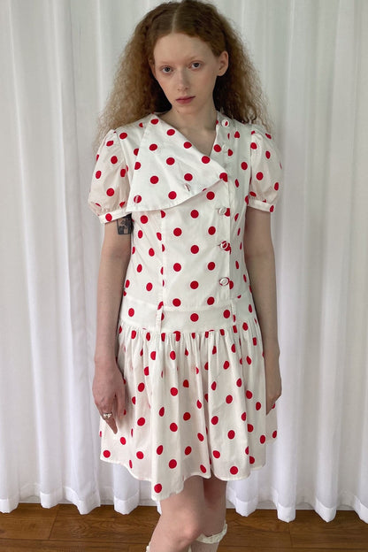 Red Retro Polka Dot Bubble Sleeve Dress