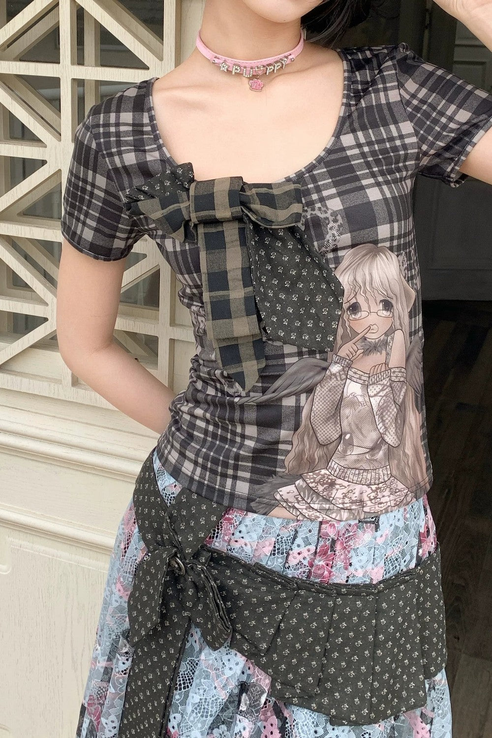 Cartoon Plaid Tie Top