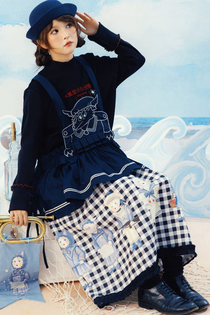 Layered-Look Wolf Embroidery Plaid Apron Dress