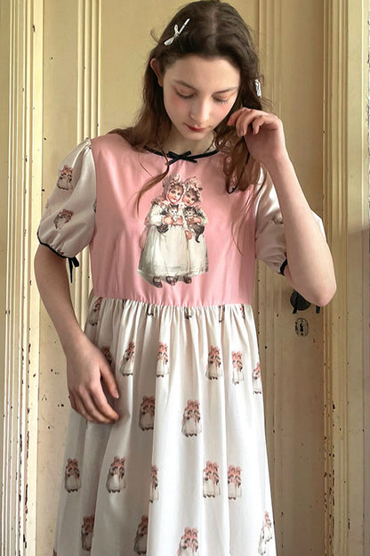 Vintage-Kurzarmkleid mit Puppen-Print