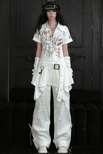 Printed V-Neck Tie-Up Asymmetrical Shirt Dress