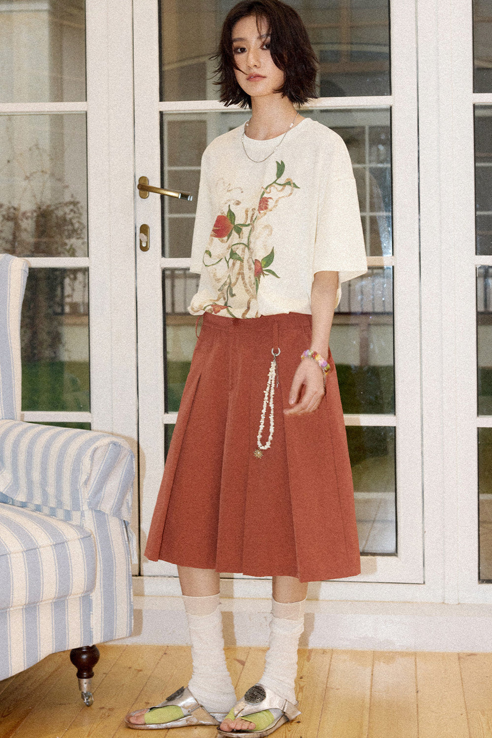 Mid-Length A-Line Pleated Skirt Pants