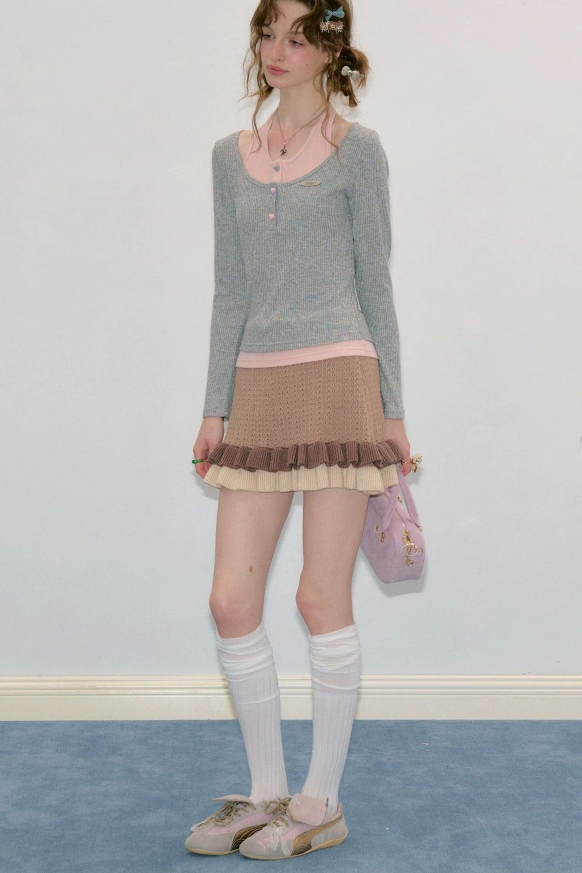 Layered-Look Long Sleeve Knit Top