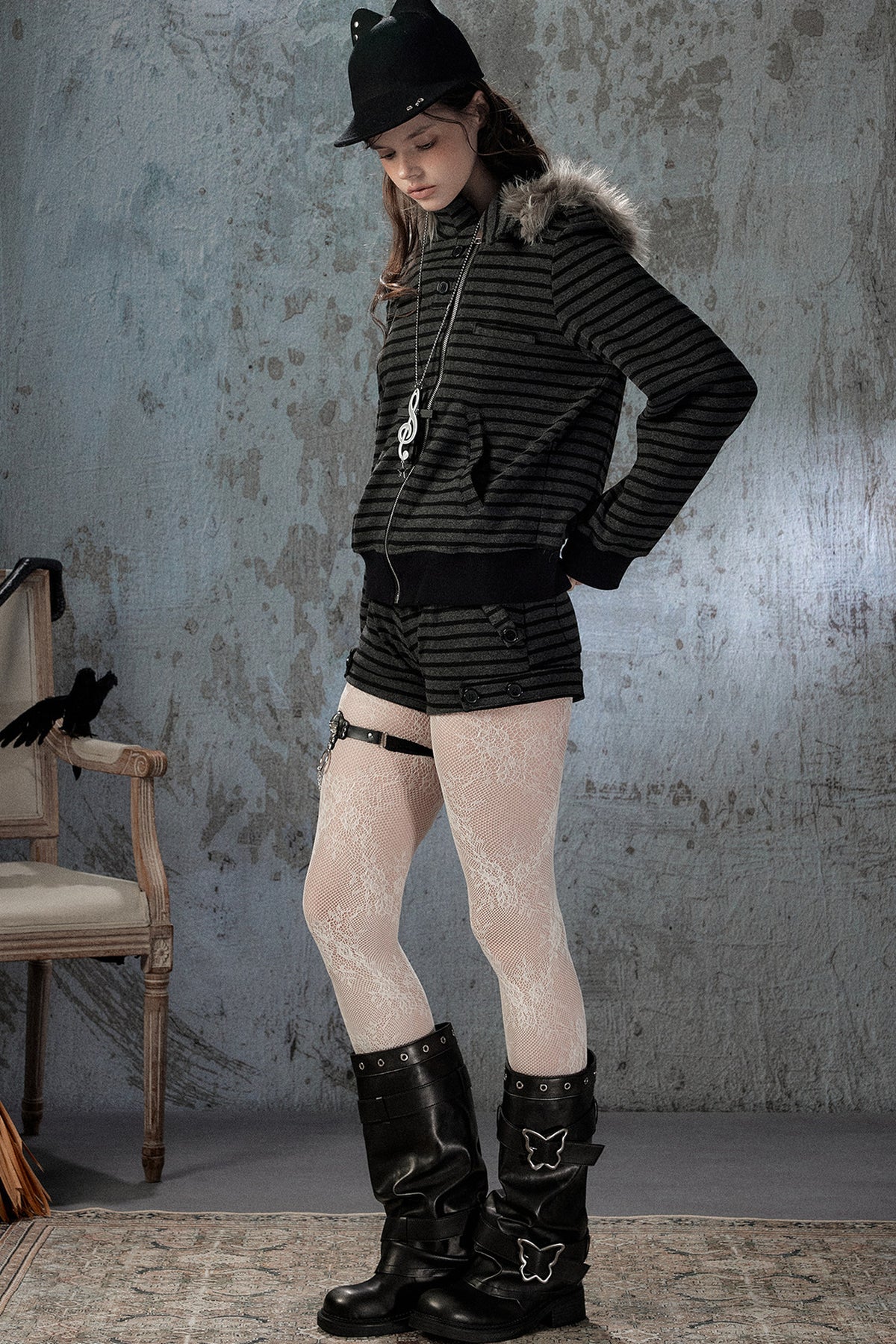 Fur Collar Striped Jacket