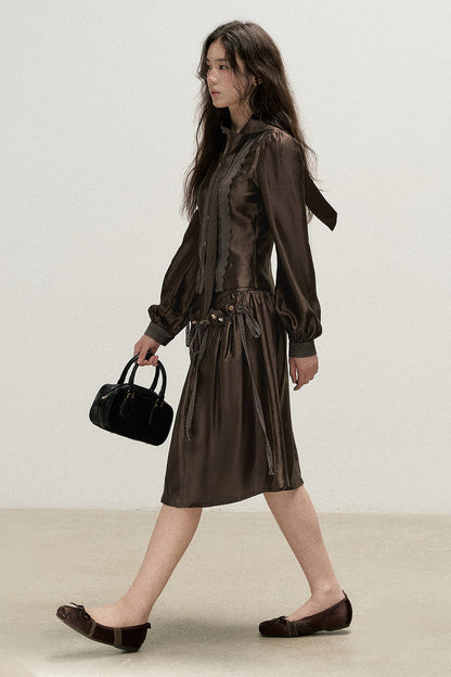 Botanical Lyocell V-Neck Ribbon Blouse And Skirt Set-Up
