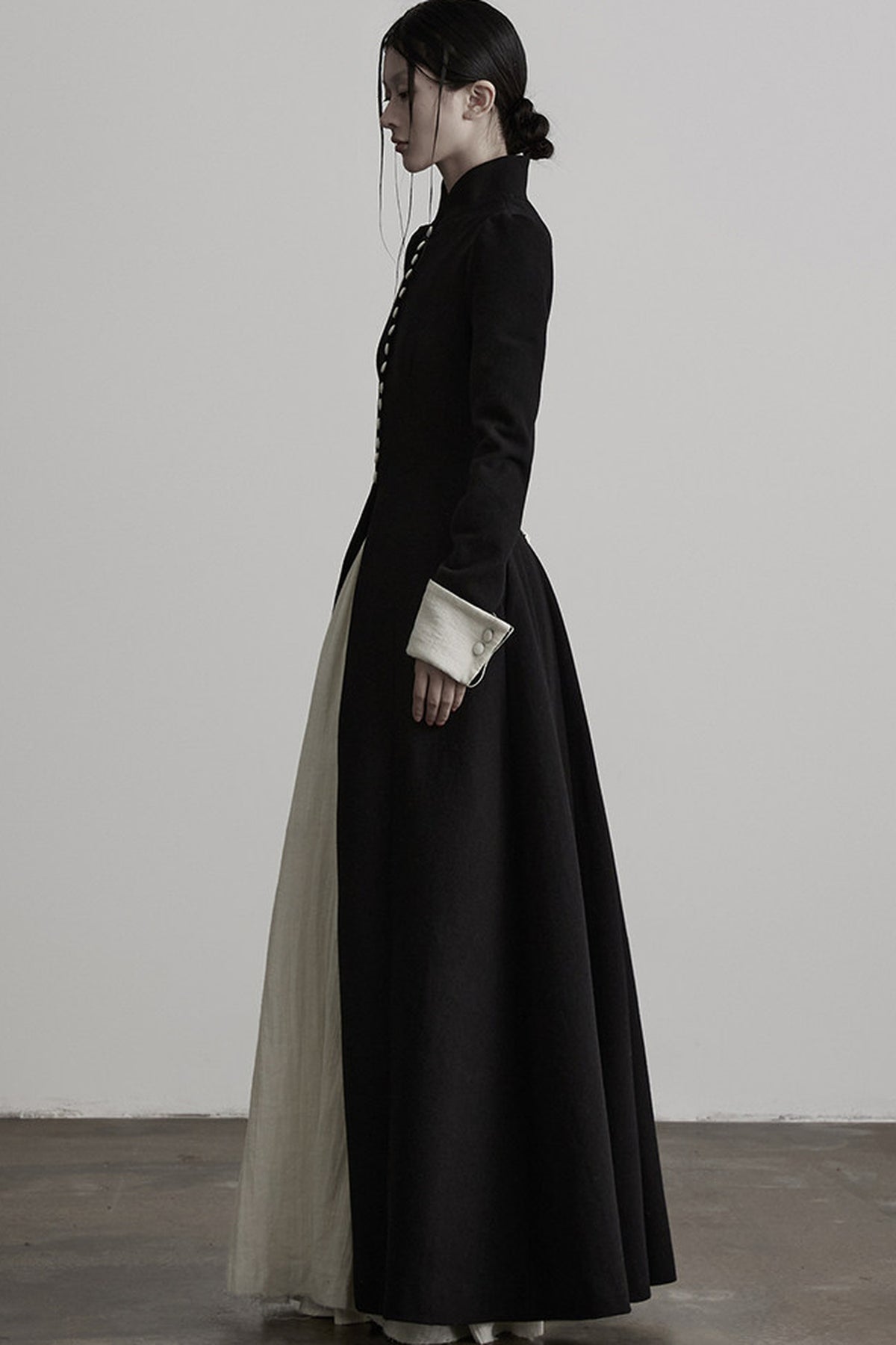 100% Wool Stand Collar Tie-Back Long Coat