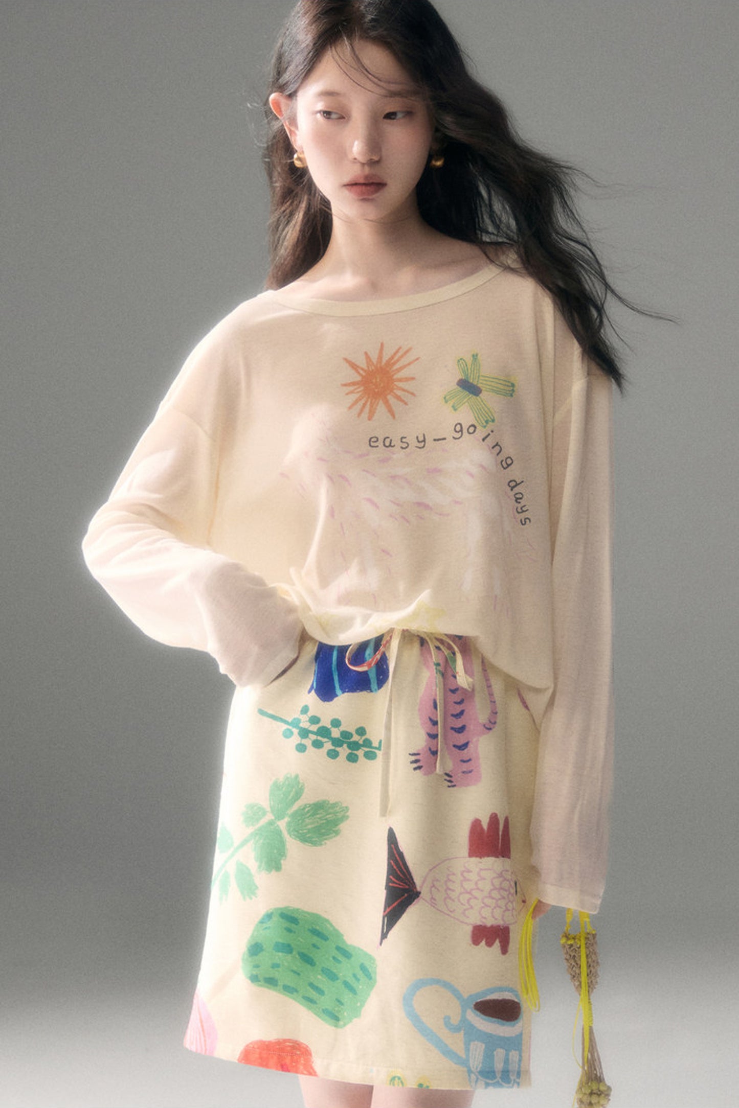 Long-Sleeve Fruit Vegetable Dog Print T-Shirt Set-Up