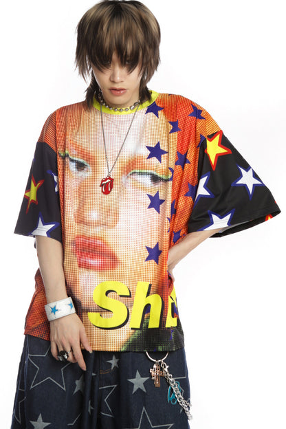 Quirky Printed Color-Blocked Collar Oversized Blouse