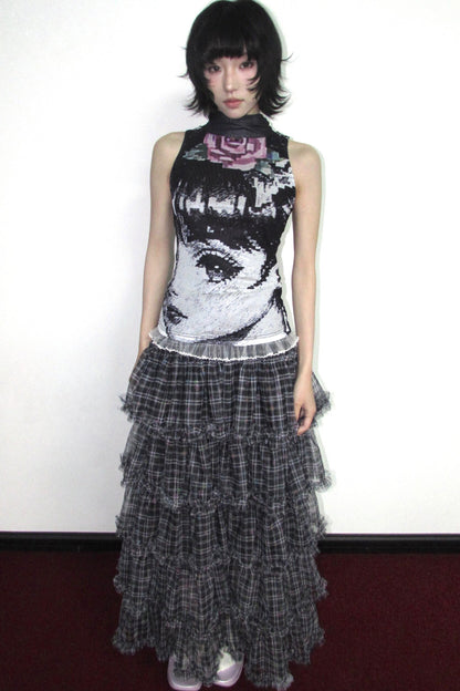 Star Plaid Mesh Cake Skirt