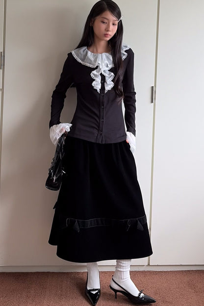 Black Velvet Bow Tie Midi Skirt