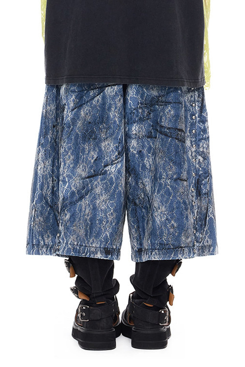 Rivet Structure Lace Denim Wide Leg Shorts