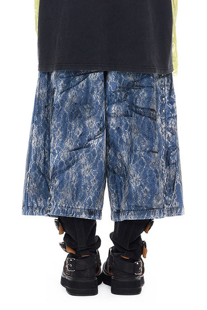 Rivet Structure Lace Denim Wide Leg Shorts