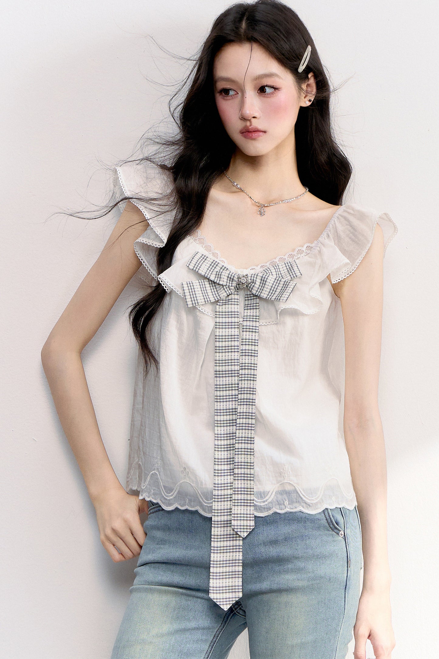 Ruffled Flutter Sleeve Plaid Bow Top