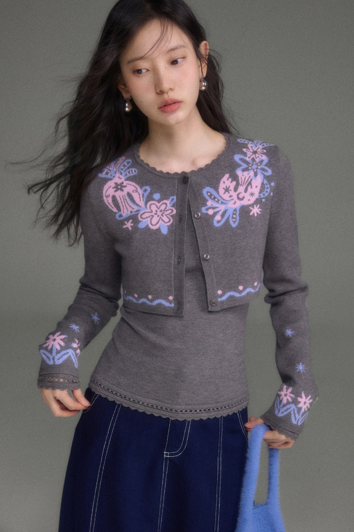 Hawthorn And Birds Jacquard Knit Cardigan And Top Set