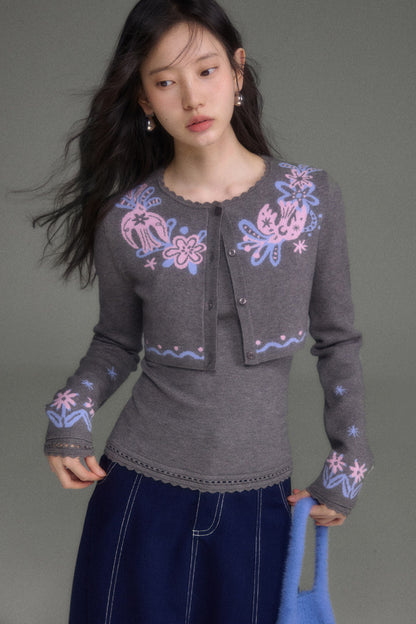 Hawthorn And Birds Jacquard Knit Cardigan And Top Set