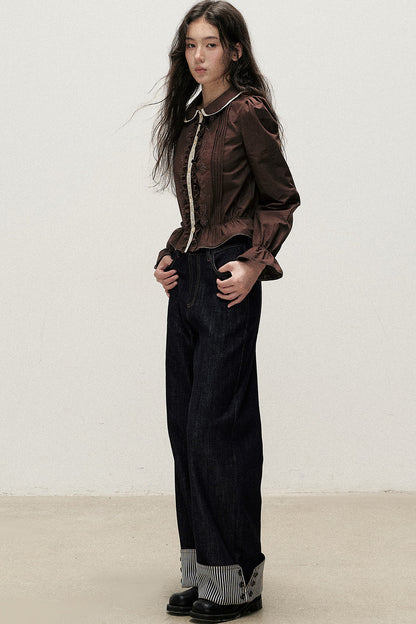 Brown Cotton Linen Lace Trim Shirt