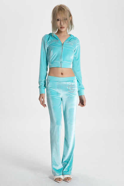 Glossy Velvet Hooded Tracksuit Set-Up