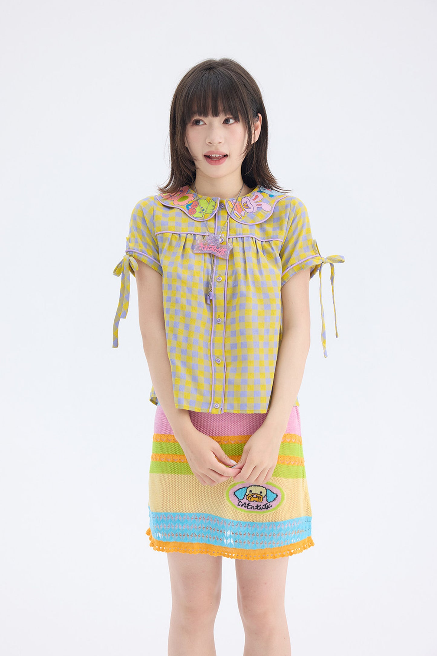 Yellow Purple Plaid Embroidered Doll Collar Shirt