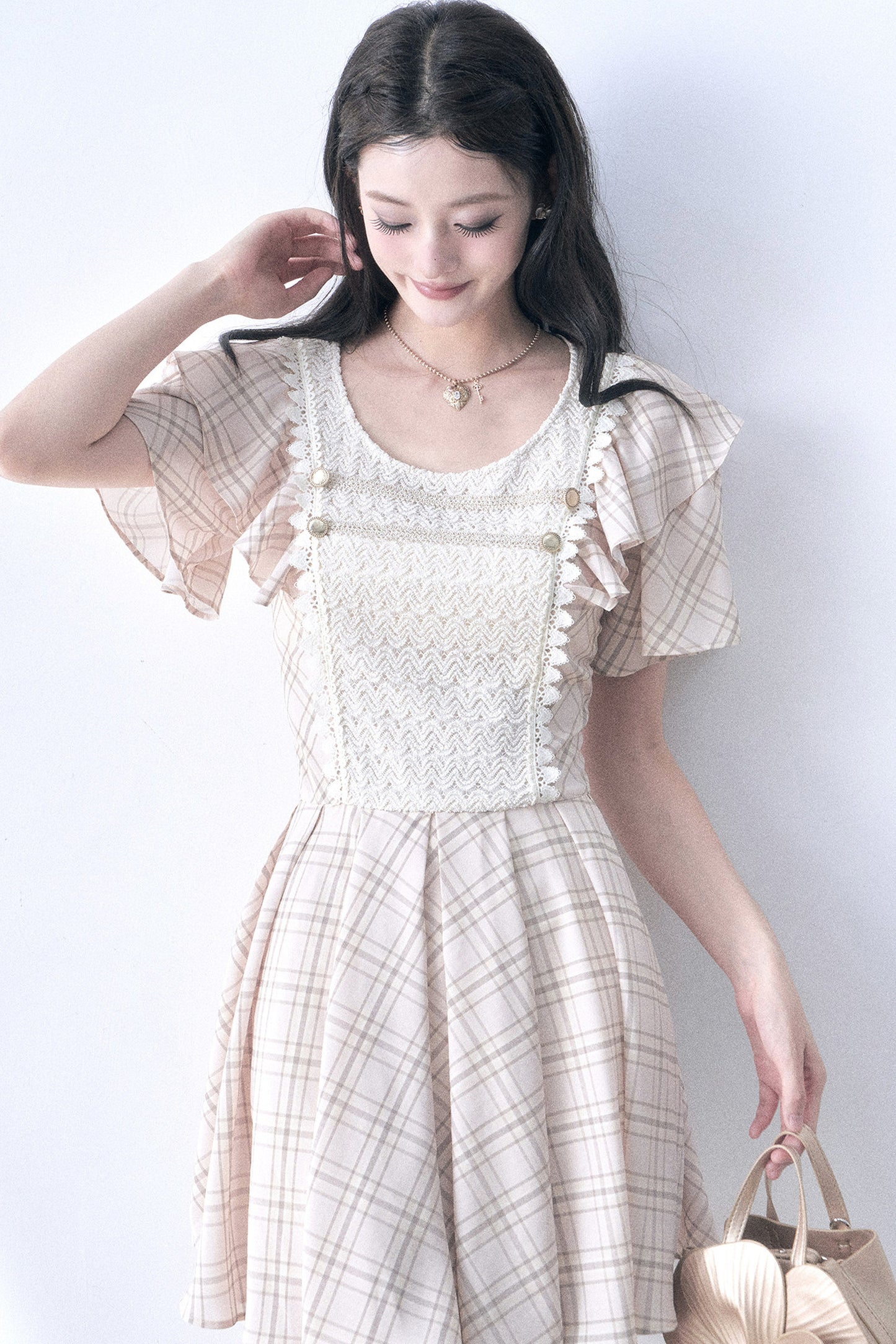 Knitted Patchwork Plaid Flutter-Sleeve Dress