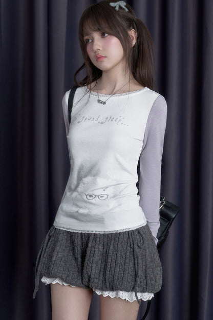 T-shirt a maniche lunghe con stampa di gattino assonnato