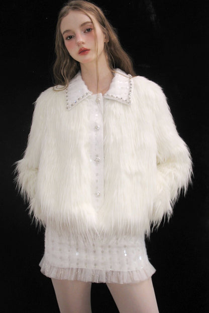 Snow Mountain Silver-White Long-Haired Fur Coat and Skirt Set-Up