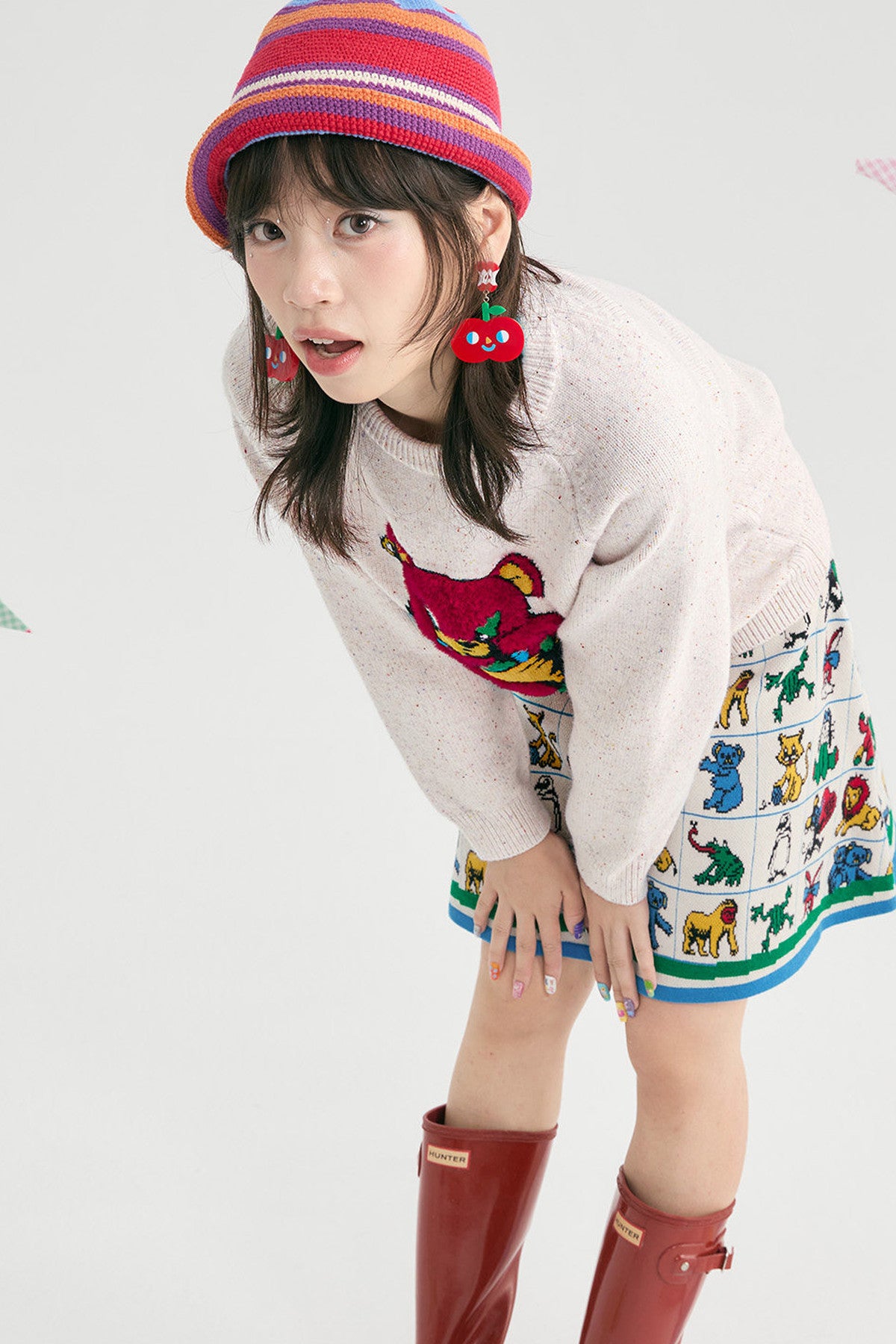 Red Cartoon Bear Raglan Pullover Sweater