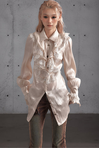 Ruffled Lace Patchwork Satin Blouse