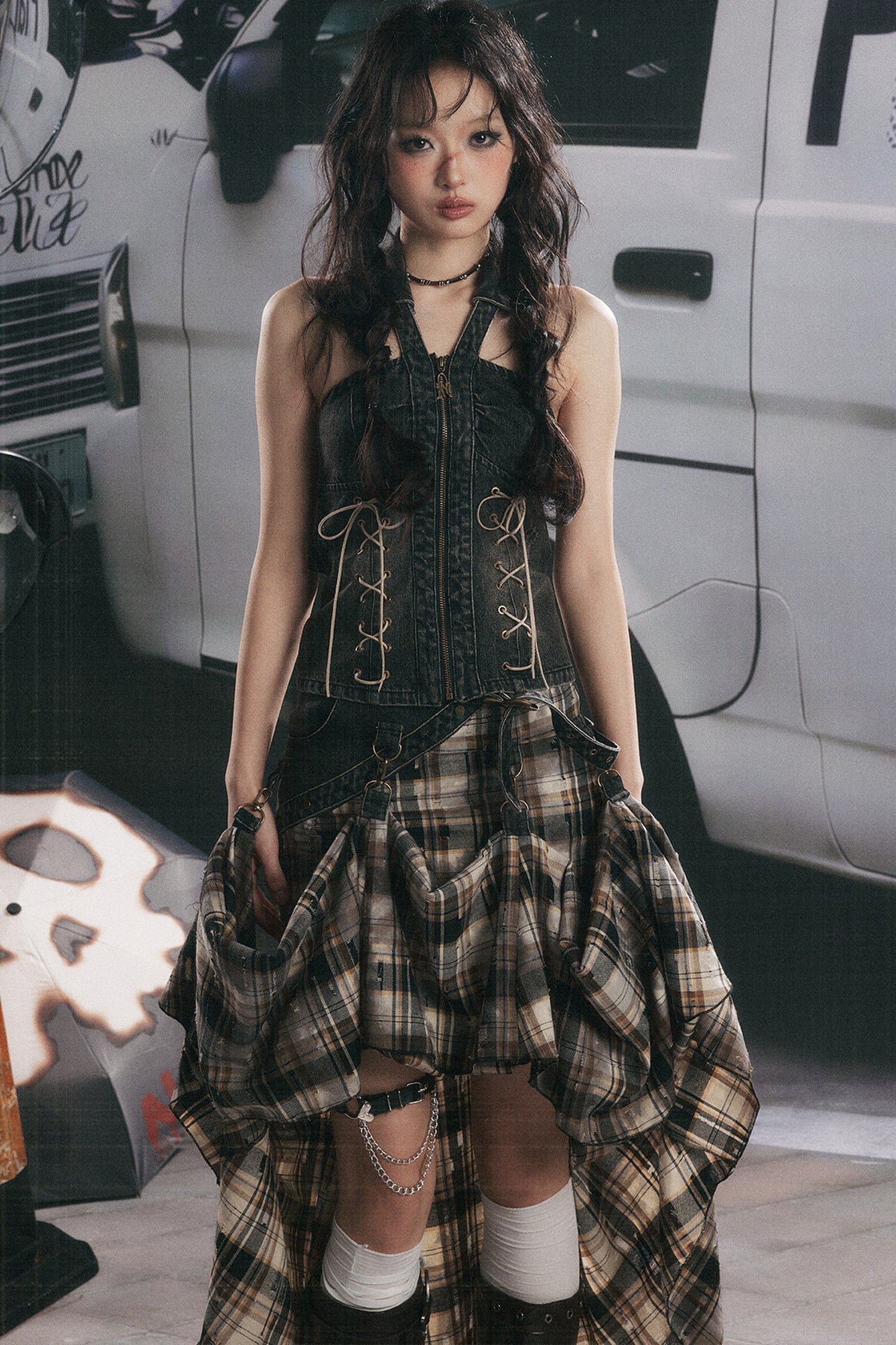 Retro Plaid Asymmetrical Denim Skirt