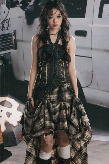 Retro Plaid Asymmetrical Denim Skirt