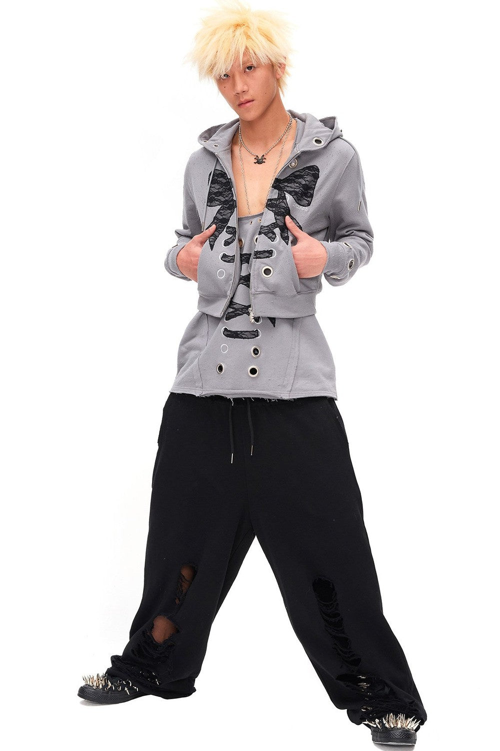 Distressed Lace Bow Hoodie