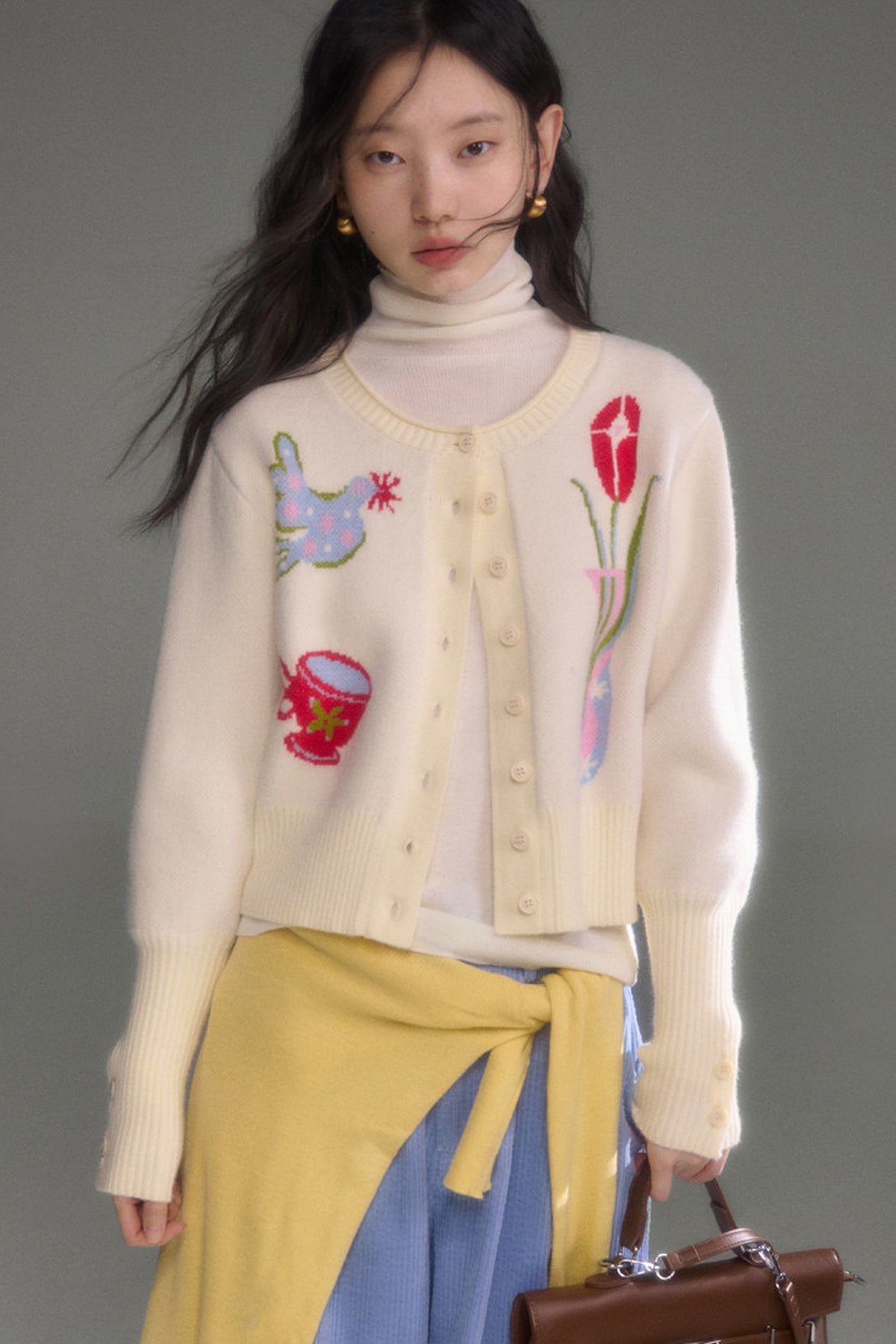 Tulip Bird Jacquard Knit Cardigan