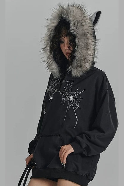 Spider Web Print Hooded Cat Ear Jacket