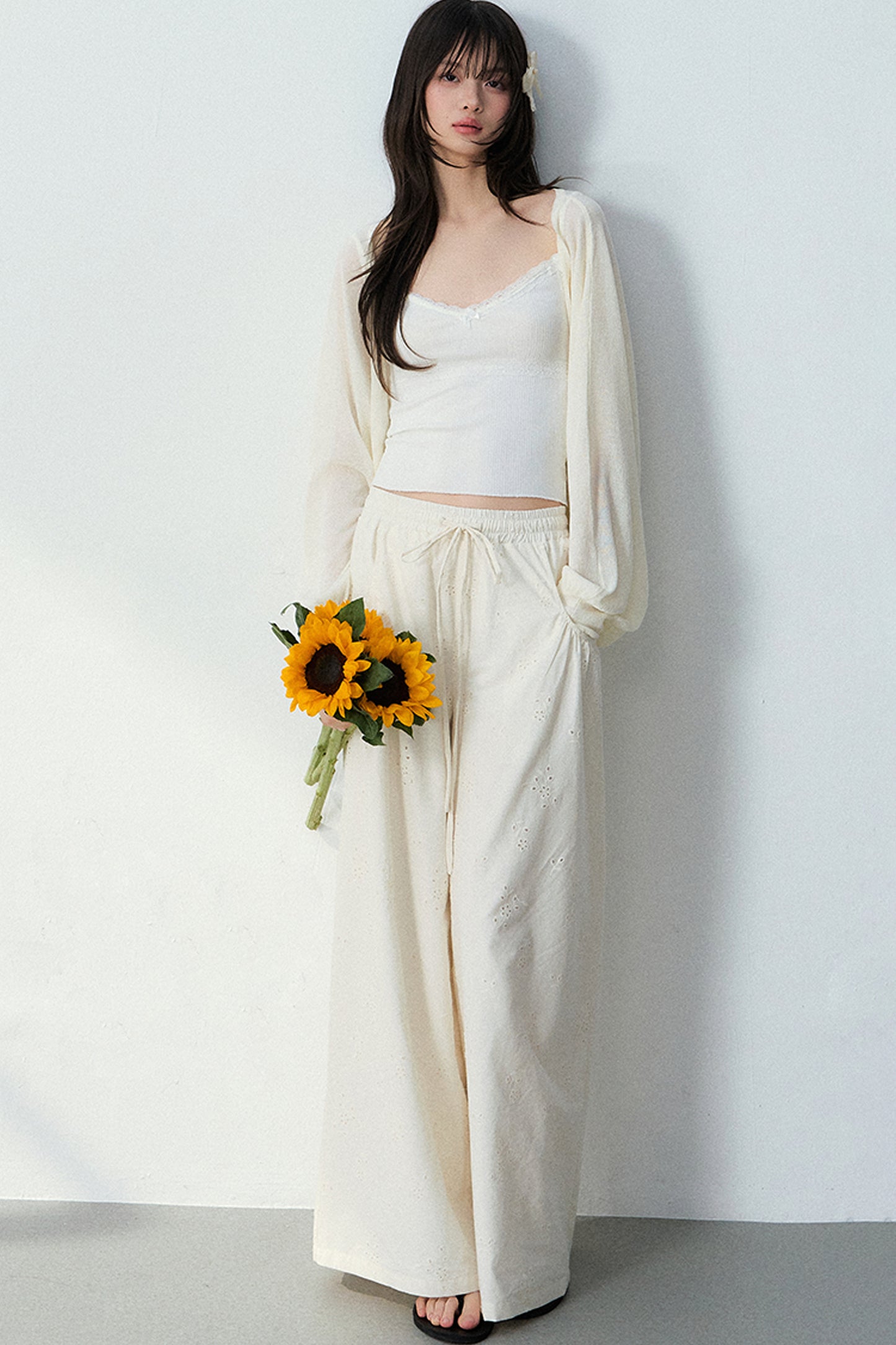 Batwing Cardigan & Camisole With Hollow Out Floral Pants Set-Up