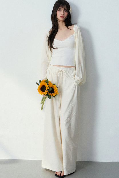 Batwing Cardigan & Camisole With Hollow Out Floral Pants Set-Up