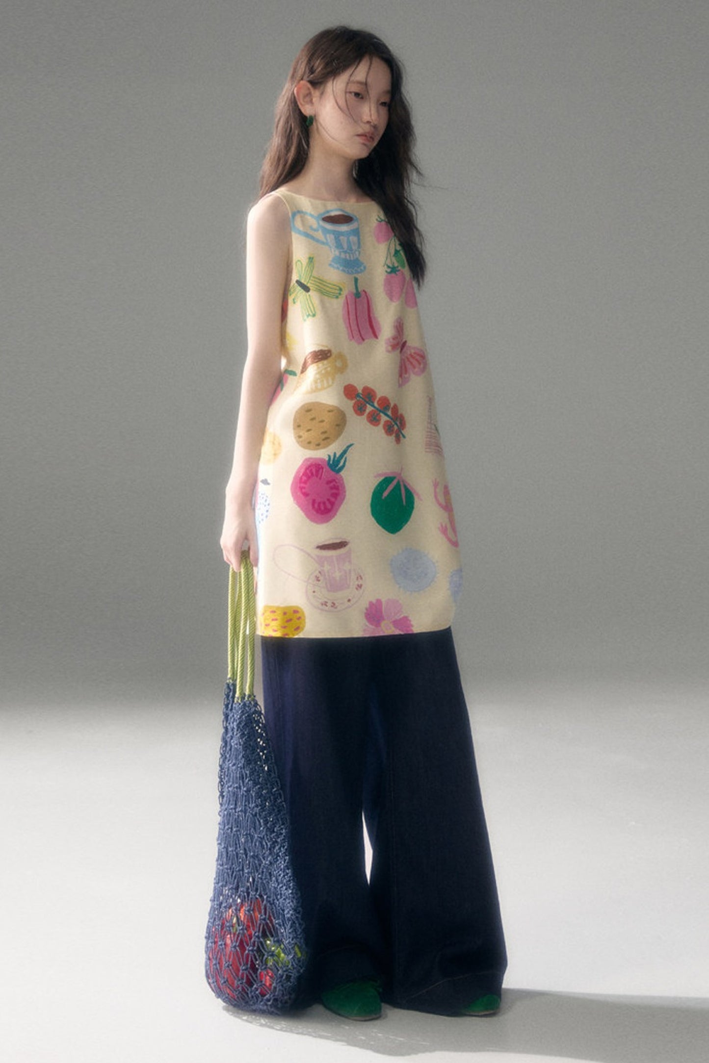 Hand-Painted Fruit Vegetable Print Sleeveless Vest Dress