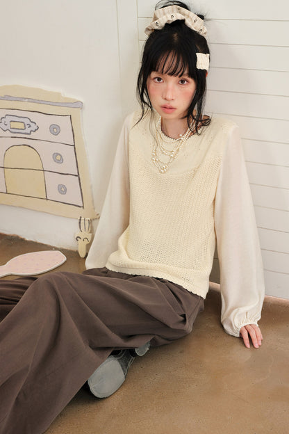 Layered-Look Hollow Knit Top