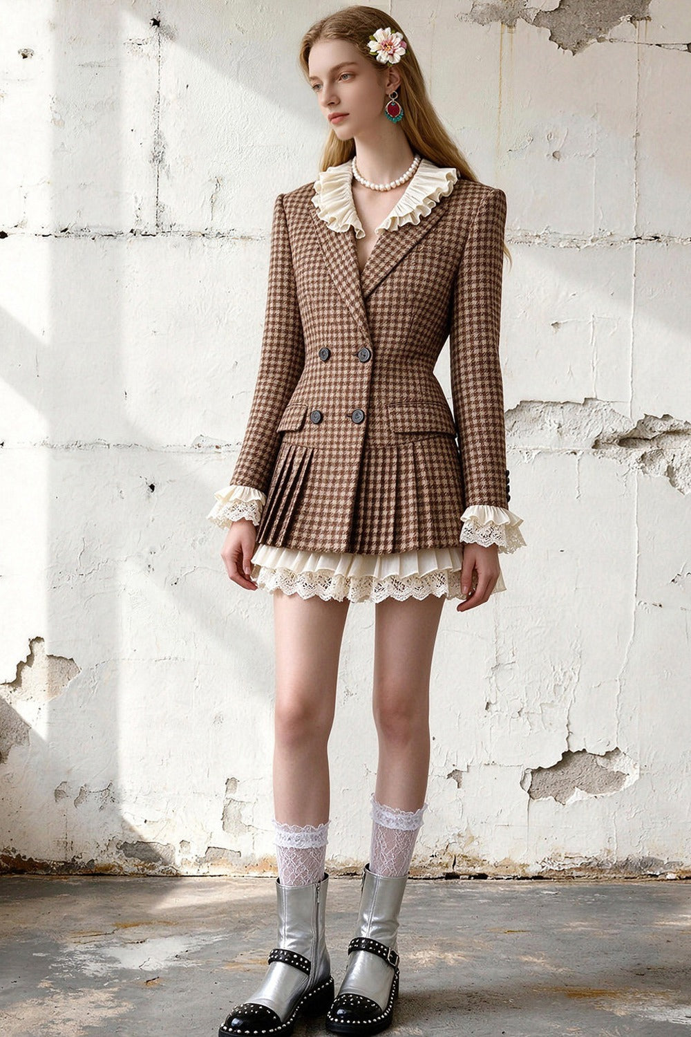 Plaid Ruffle Collar Pleated Dress