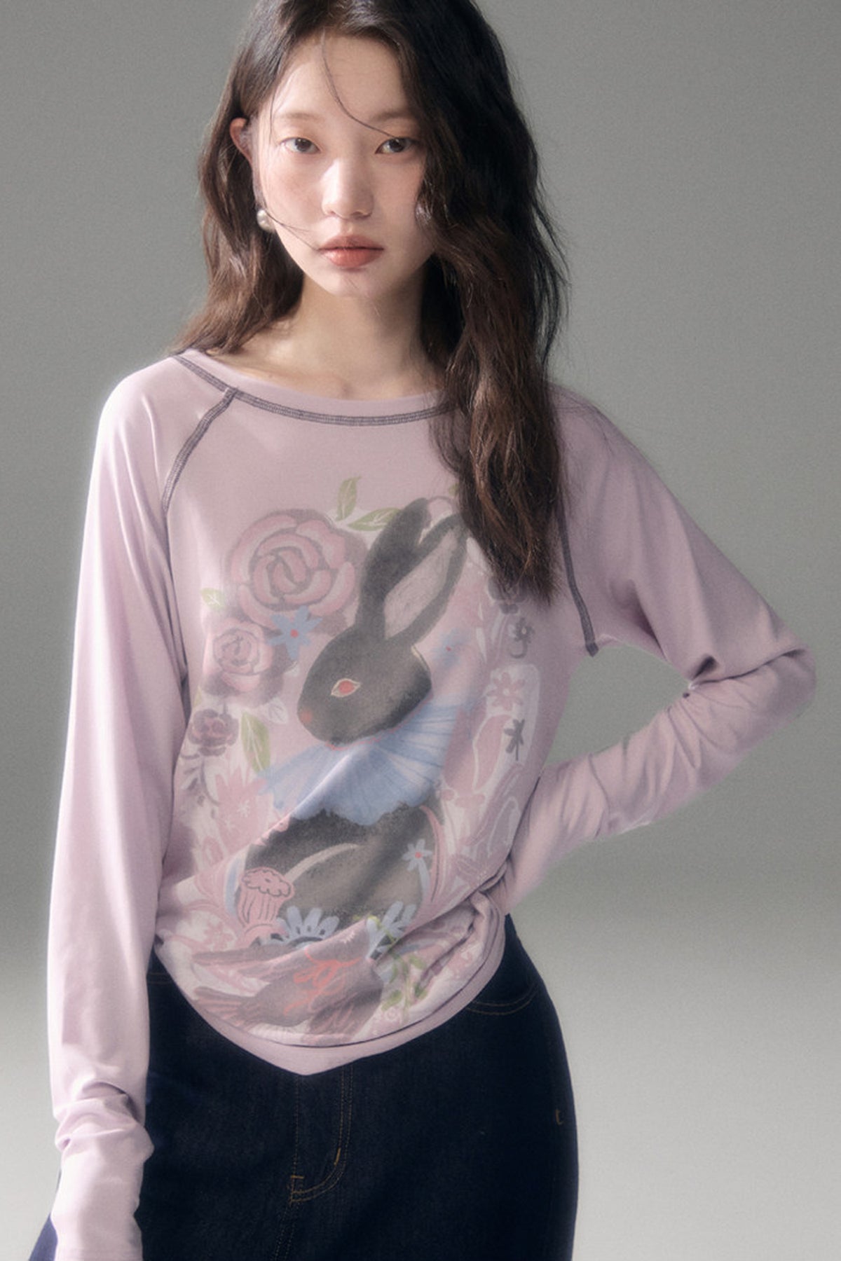 Bunny Print Tencel Long-Sleeved T-Shirt and Pants Set-Up