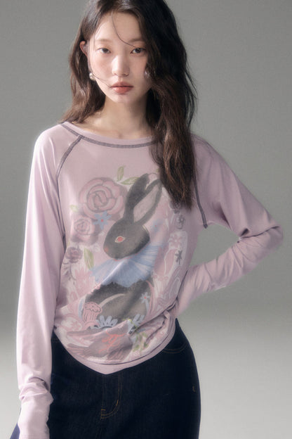 Bunny Print Tencel Long-Sleeved T-Shirt and Pants Set-Up