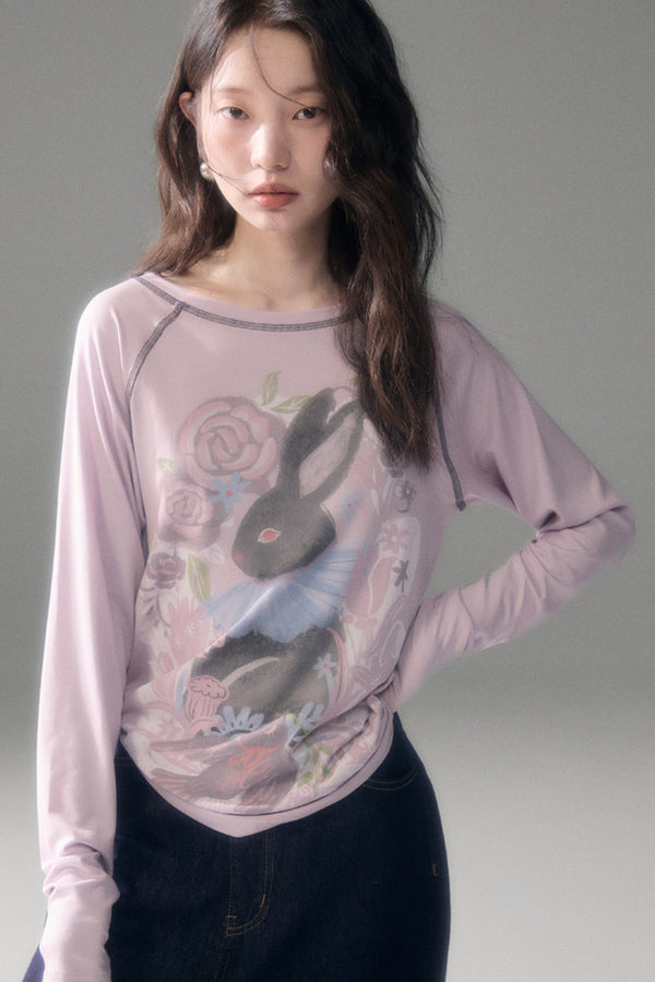 Bunny Print Tencel Long-Sleeved T-Shirt and Pants Set-Up