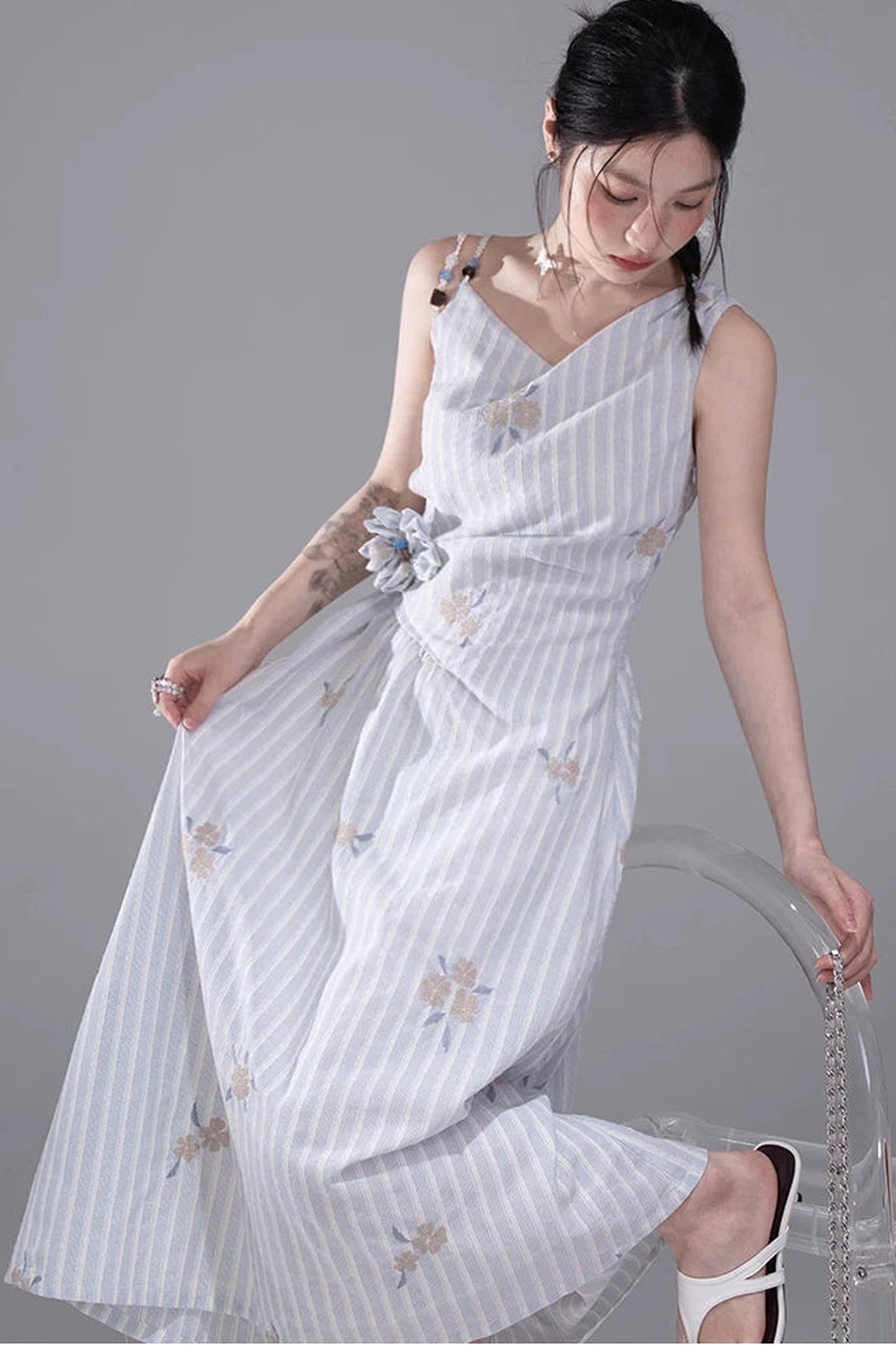 Mist Blue Striped Tank Dress
