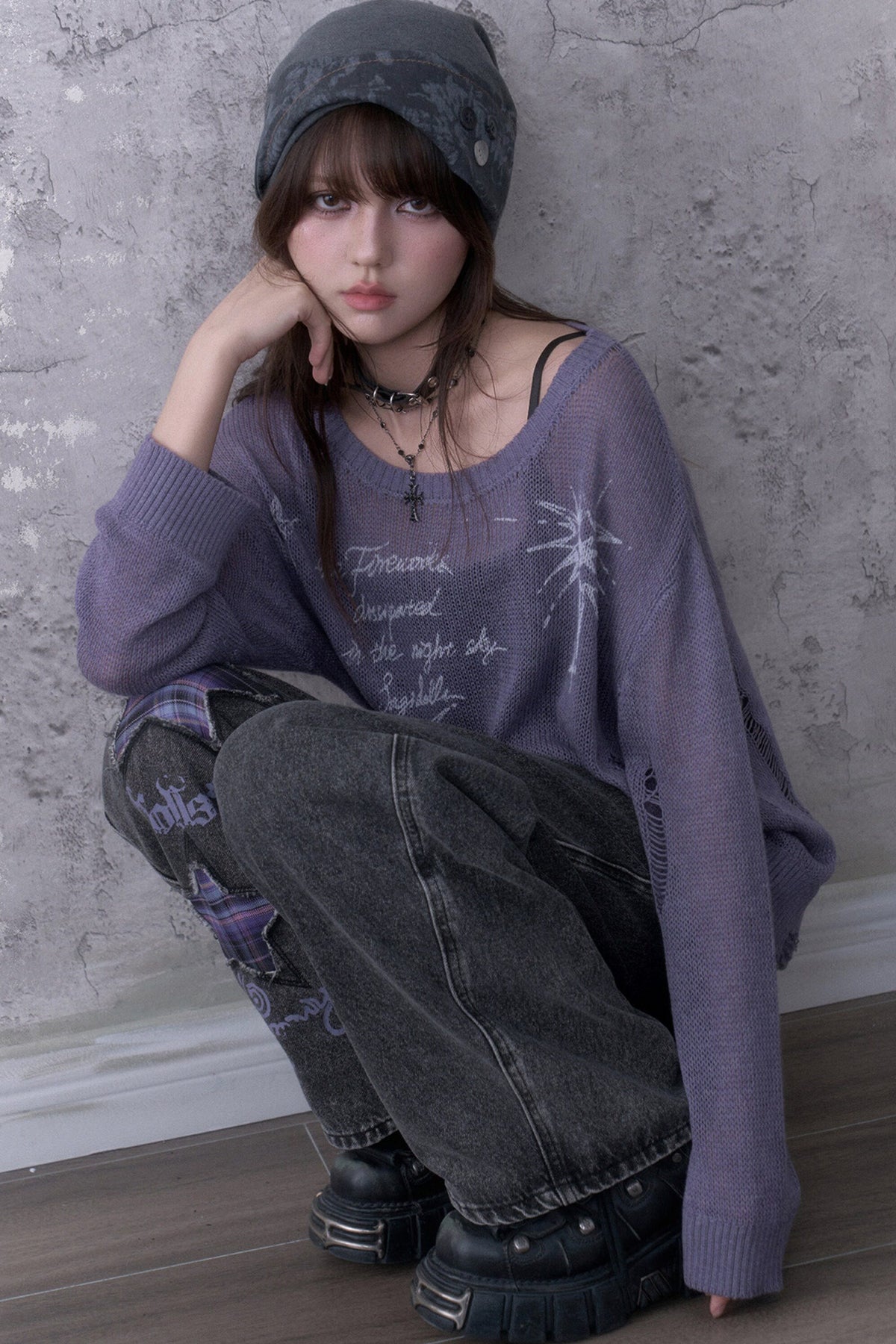 Purple Ripped Knit Mesh Print Sweater