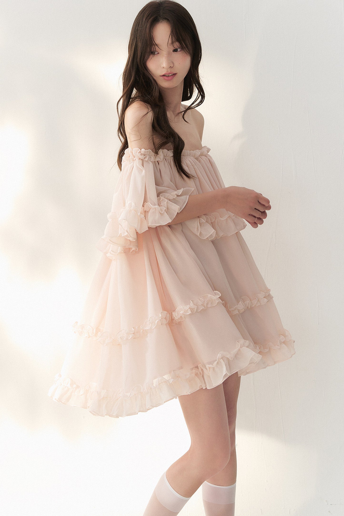 One-Shoulder Smoky Pink Tulle Lace Dress