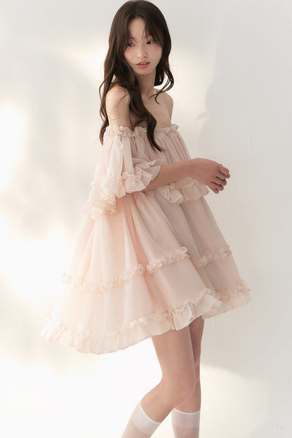 One-Shoulder Smoky Pink Tulle Lace Dress