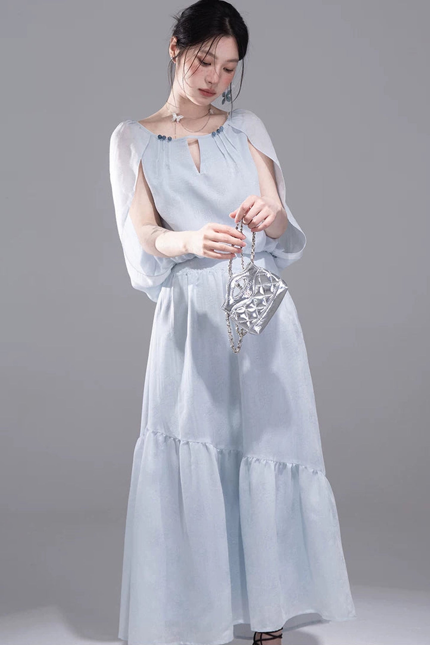 Elegant Ice Blue Linen Cape Set