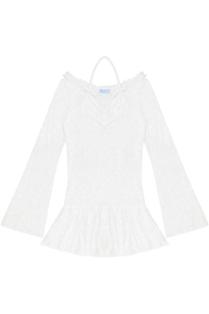 White Lace Halter Bell Sleeve Dress